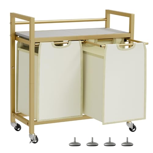 SwaaVee Laundry Sorter, Laundry Hamper with Wooden Top Shelf, 2×14.5Gal(110L), Metal Frame laundry basket with wheels, Pull out and Removable Laundry Bags, 2 Bags-Golden - color: Gold