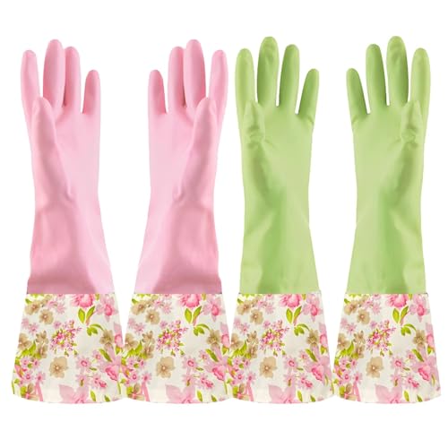 KINGFINGER Rubber Latex Waterproof Dishwashing Gloves for Kitchen,Precision Flocking Household Cleaning Gloves 2 pairs - size: Large (Pack of 2)