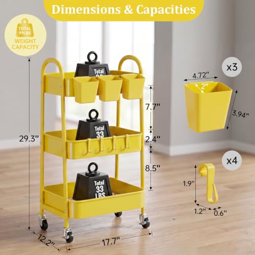 danpinera 3-Tier Rolling Cart, Utility Cart Mobile Metal Rolling Storage Cart with Lockable Wheels & Hanging Cups & Hooks for Kitchen, Bathroom, Office, Workshop, Yellow - color: Yellow, size: 3 tier