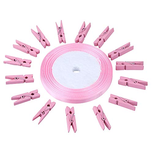 jijAcraft 1.4Inch Mini Clothes Pins - 100Pcs Wooden Clothespins with Ribbon - color: Pink, size: 1.4 inch, 100 pcs