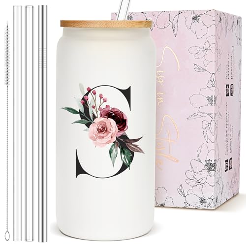 Customized Personalized Gifts for Women, Cute Initial Glass Cups with Lids and Straws, Letter Iced Coffee Cup, Monogram Drinking Glasses Tumbler Mug, Mothers Day Gifts for Mom Wife Nana Aunt Niece, S - style: Letter S