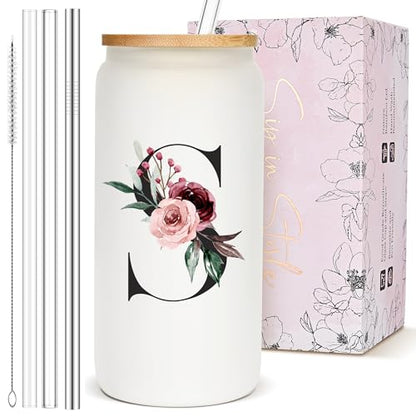 Customized Personalized Gifts for Women, Cute Initial Glass Cups with Lids and Straws, Letter Iced Coffee Cup, Monogram Drinking Glasses Tumbler Mug, Mothers Day Gifts for Mom Wife Nana Aunt Niece, S - style: Letter S