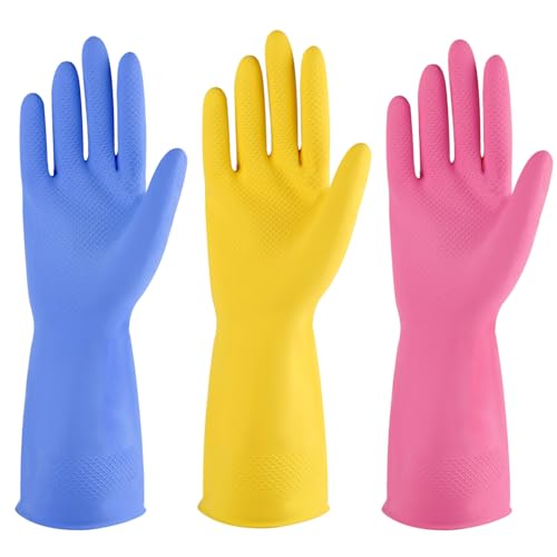 Rubber cleaning gloves 3 or 6 Pairs for Household,Reuseable dishwashing gloves for Kitchen. - color: Multicolor, size: Medium (Pack of 6)