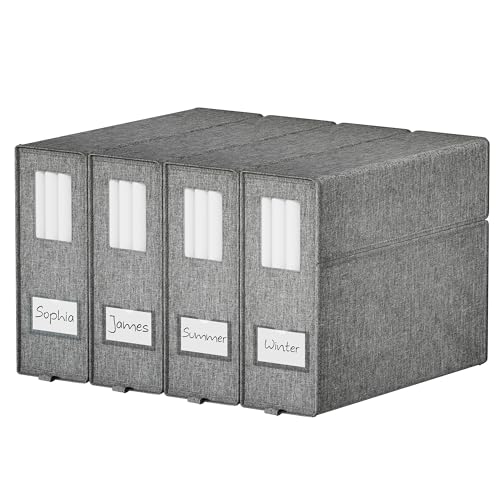 Furnhome Bed Sheet Organizers and Storage 4 Pack for Linen Closet, Foldable Sheet Set Holder with Window & Labels, Stackable Bedding Storage Boxes for Sheets, Duvet Covers, Blankets - size: 4 Pack
