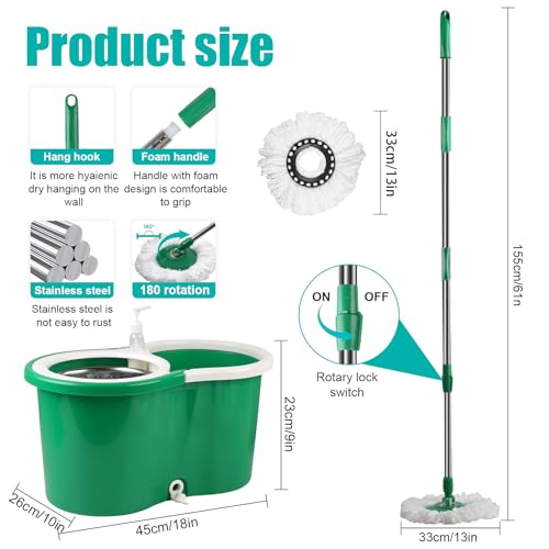 Spin Mop and Bucket with Wringer Set, 3 Microfiber Mop Heads, 61" Handle - color: Green