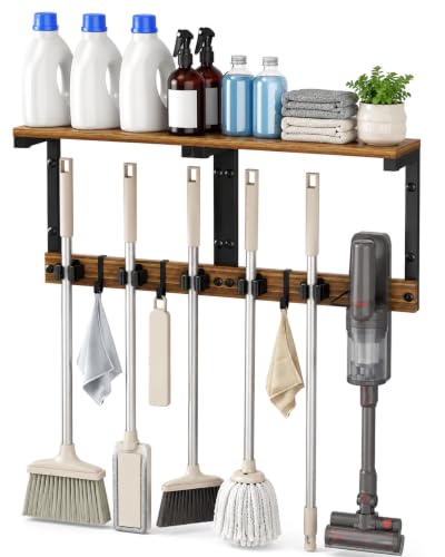Broom and Mop Holder Wall Mount, 27" Large Organizer with Wood Shelf