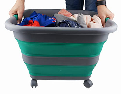 SAMMART Collapsible Plastic Laundry Basket with Wheels 39L (10.3 Gallons) -Foldable Pop Up Storage Container for Laundry, Camping & Home (1, Dark Grey/Bluish-Green) - color: Dark Grey/Bluish-Green
