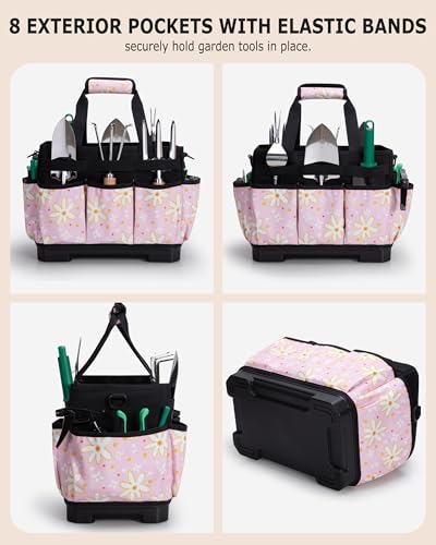 Marscamd Garden Tool Bag with Hard Bottom, Garden Tote with Shoulder Strap - color: Pink Sunflower