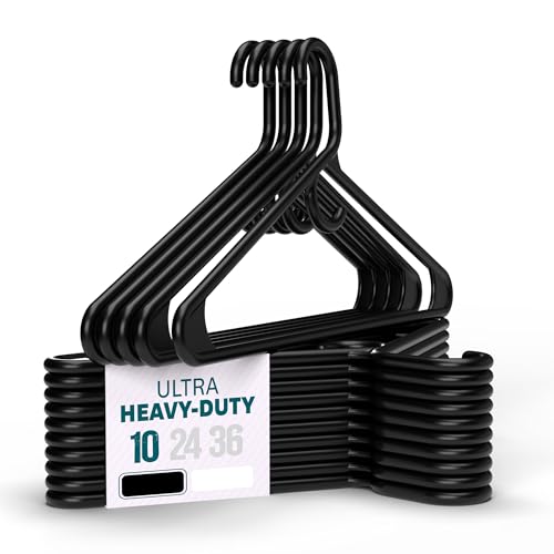 Heavy Duty Clothes Hangers, 10 Pack - Space Saving, Ultra Strong Black Plastic - Hang Your Belt, Pants, Coat, Shirt, Shorts, Jeans, Sweater and More - Bulk Closet Storage for Adults Clothing - color: Black, size: 10