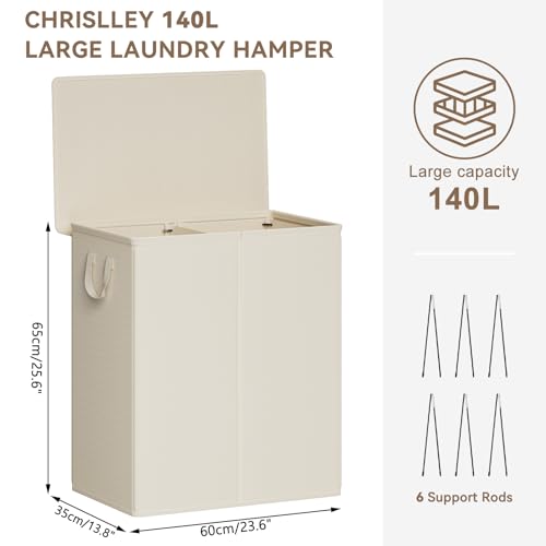 Chrislley Double Laundry Hamper with Lid, 140L Laundry Basket 2 Section - color: Beige, size: 140l(24.0"l X 14.2"w X 25.2"h)