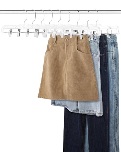 AMKUFO Pants-Hangers-with-Clips-30-Pack, 14 Inch Clear-Plastic-Skirts-Hangers-with-Adjustable-Clips for Shorts Jeans Trousers, Clothes-Hangers Non-Slip Clip-Hangers - size: 30 Pack