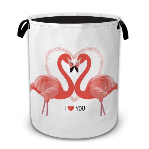 Pink Flamingo Heart Large Clothes Hamper, Portable Collapsible Laundry Basket with Handles, Freestanding Storage Bin for Bedroom Bathroom Dorm Laundry Room - color: Pink Flamingo Heart