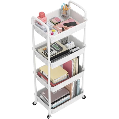 MOYIPIN 4-Tier Plastic Rolling Utility Cart with Handle,White - color: White, size: 4-Tiers without cups