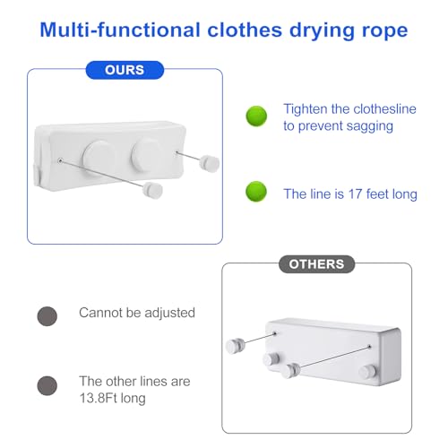 17Ft Retractable Clothesline Indoor/Outdoor, Comes with 40 clothespins, Anti-Sag for Drying Clothes line retracting Indoor/Outdoor, Dual-Line with Each Line 17Ft Long Laundry line Retractable - style: White