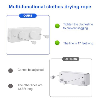 17Ft Retractable Clothesline Indoor/Outdoor, Comes with 40 clothespins, Anti-Sag for Drying Clothes line retracting Indoor/Outdoor, Dual-Line with Each Line 17Ft Long Laundry line Retractable - style: White