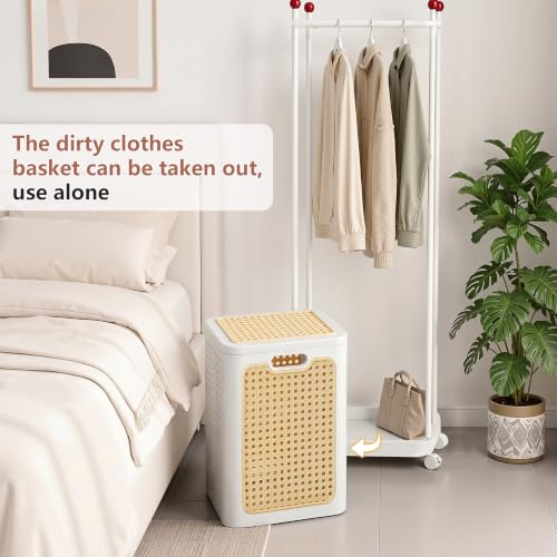 VECELO Laundry Hamper with Clothes Rack, Rolling Laundry Basket with Lid and Wheels, Tall Clothes Stand for Hanging Clothes, Multifunctional Laundry Organizer for Bedroom, Bathroom, White - color: White