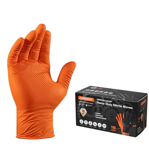 ANBOSON 10 Mil Heavy Duty Diamond Texture Nitrile Gloves, Large, 100 Ct - color: Orange of 100, size: Large