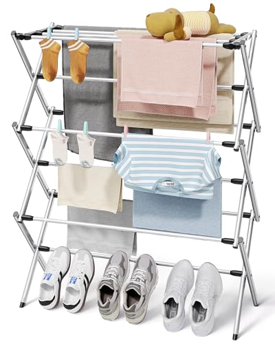Sakugi Foldable 3-Tier Clothes Drying Rack 37.4" H with Non-Slip Feet - color: Silver, size: 3 Tier Standard