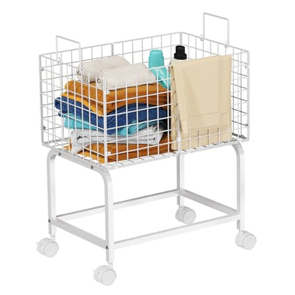 Laundry Basket with Wheels,80L Wire Rolling Laundry Basket with Pull Handle,White High Laundry Cart for Laundry Room,Bathroom,Bedroom-White(23.6 * 15.75 * 28inch) - color: White, size: 23.6*15.75*27.95inch