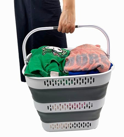 SAMMART 40L (10.5 Gallon) Collapsible Plastic Laundry Basket with Handles - Foldable Pop Up Storage Container/Organizer - Portable Laundry Hamper - Space Saving (2, White/Steel Grey) - color: White/Steel Grey