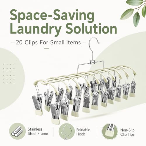 Sock Drying Rack with 20 Clips, Stainless Steel Laundry Hanger for Underwear, Space-Saving Clothes Airer with Foldable Hook, Non-Slip Clip Organizer Drying Station for Small Items