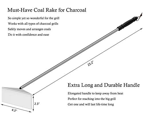 Grilliance Charcoal Grill Ash Rake Hoe for Fireplace Wood Stove Pizza Oven, Stainless Steel BBQ Cleaner Poker Scraper, Elongated Cleaning Tool Accessories for Smoker, Ceramic, Kamado, Vision Grills