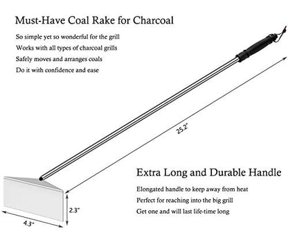 Grilliance Charcoal Grill Ash Rake Hoe for Fireplace Wood Stove Pizza Oven, Stainless Steel BBQ Cleaner Poker Scraper, Elongated Cleaning Tool Accessories for Smoker, Ceramic, Kamado, Vision Grills