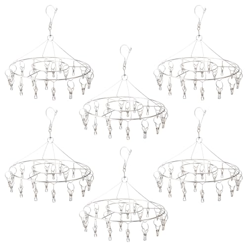 6 Pack 13 inch Round Stainless Steel Drying Rack with 20 Clips, Swivel Sock Drying Rack with Windproof Clips, Stainless Steel Clothes Hanger for Bras, Clothes, Sock & Underwear Towels - size: 6 Pack