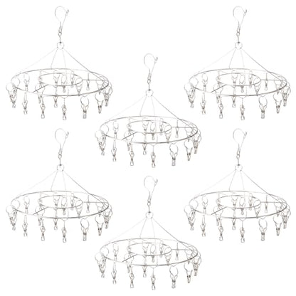 6 Pack 13 inch Round Stainless Steel Drying Rack with 20 Clips, Swivel Sock Drying Rack with Windproof Clips, Stainless Steel Clothes Hanger for Bras, Clothes, Sock & Underwear Towels - size: 6 Pack