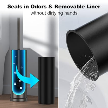 Pewter Toilet Brush and Holder Set，Stainless Steel Heavy Duty Toilet Bowl Brush，Extra Long Handled Modern Toilet Cleaner Brush with Replaceable Head, Removable Inner Bowl, and Splash Protection - color: Pewter