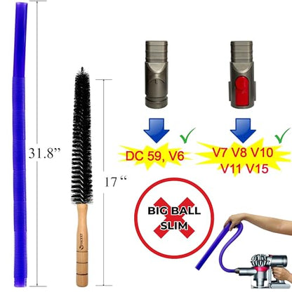 Vacuum Accessories & Attachment Compatible with Dyson V7 V8 V10 V11 V15 V6 DC58 DC59 - Dryer Vent Cleaner Kit & Refrigerator Condenser Coil Brush- Flexible Crevice Tool for Small Crevice
