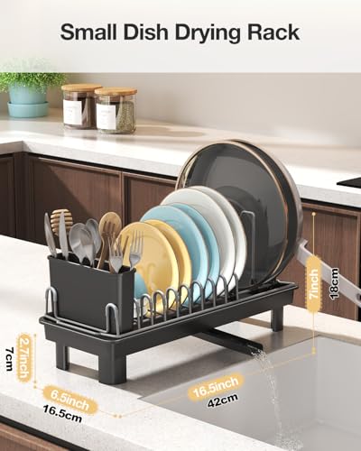 Small Dish Drying Rack with Drainboard, Compact for Kitchen Counter, Black - color: Black