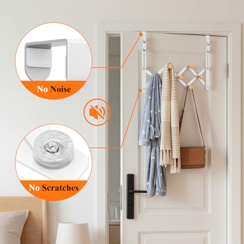 FYY Over The Door Hooks - Door Hanger Towel Rack Organizer, Collapsible No Drill Holder, Heavy Duty Easy to Install, Pads and Wooden Knobs, No-Scratch for Bathroom Clothes Coat Travel, Fit 1-3/4"