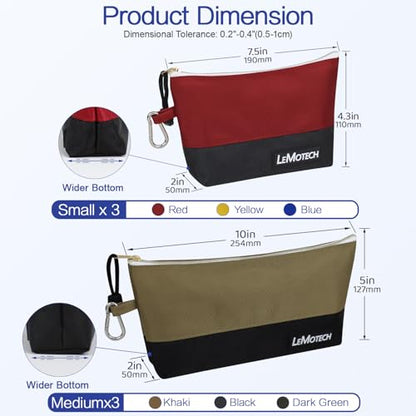 LeMotech Zipper Tool Bag with Carabiners, Water Resistant Stand-Up Utility Pouch Heavy Duty 1680D Oxford, Multipurpose Storage Pouch, 6 Pack - size: 6 Pack Combo