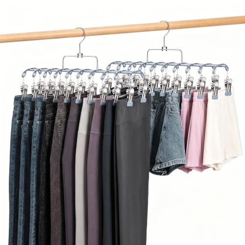 2 Pack Pants Hangers with 40 Clips, Space Saving Closet Organizer - color: Bluish Gray