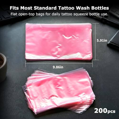 ZHOOGE Tattoo Wash Bottle Bags Tattoo Supplies, 200Pcs 9.8 x 5.9 in, Pink - color: Pink 200