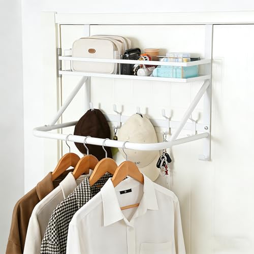 Over The Door Clothes Hanger, Metal Over The Door Hangers for Clothes with 7 Hooks1 Storage Basket For Clothing Hanger Drying Racks for Laundry, Bedroom, Washroom wait（white） - color: white