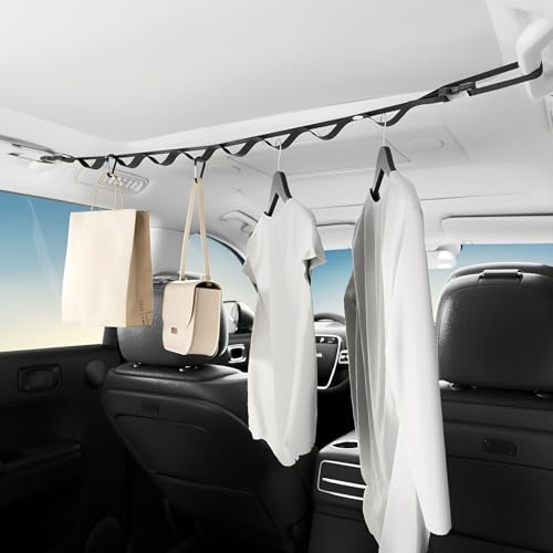 Car Clothes Hanging Rod, Adjustable Car Clothesline with Buckle, Portable Car Storage Organizer for Garment, Bag, Grocery, Travel Use (Black) - color: Black