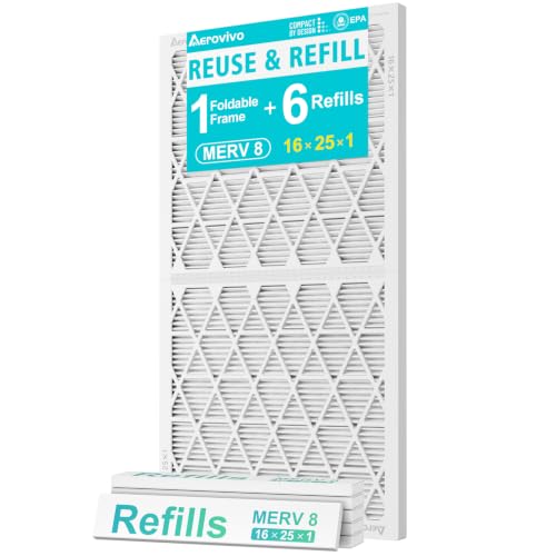 Refillable 16x25x1 Air Filter MERV 8, Reusable Frame & 6 Refills - size: 16" x 25" x 1"