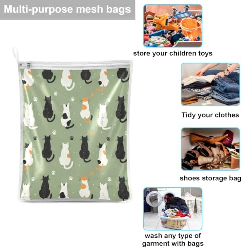 Mesh Laundry Bags Lingerie Bags for Washing Delicates 2 PCS Wash Bag with Zipper Small and Medium Washable Cats Green - color: Cats Green