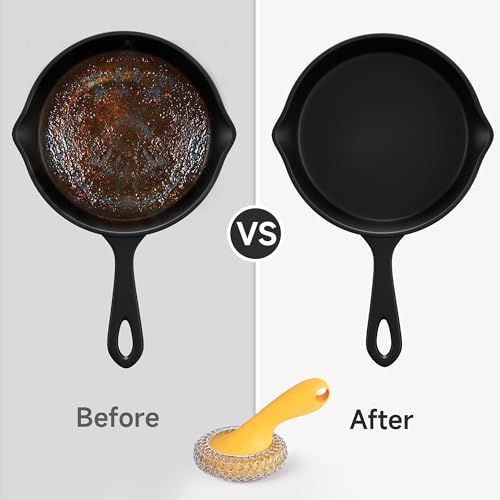 SUBEKYU Cast Iron Scrubber with Silicone Handle, Stainless Steel Skillet Cleaner for Cast Iron Pans (Yellow) - color: Yellow