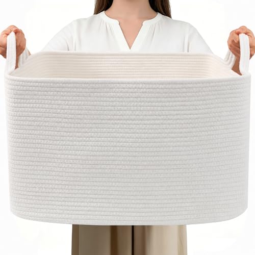 65L Large Laundry Basket with Handles,Woven Blanket Basket,White - color: White, size: 65L