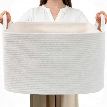 96L Woven Laundry Basket with Handles, Extra Blanket Basket,White - color: White, size: 96L