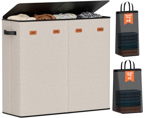 Laundry Hamper 4-Section with Lid, 185L Laundry Sorter with 4 Removable Bags + 1 Extra Large Bag, Switchable 3/4 Compartment, Laundry Basket Organizer for Bedroom, Laundry Room，Beige - color: Beige, size: 48.86 Gal - 4 Section