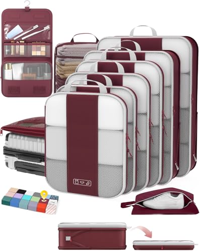 OlarHike 10 Set Compression Packing Cubes for Travel Essentials,Compressible Expandable Space Saver Bags for Organizing Clothes,Luggage Suitcase Garment Bags with Over 1000 pcs Mesh Holes(Wine Red) - color: Wine Red