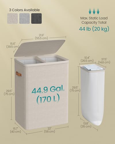 SONGMICS Laundry Basket, 170L Laundry Hamper with Lid, 2 Removable Bags - color: Cappuccino Beige, size: 170 L (2-Section)