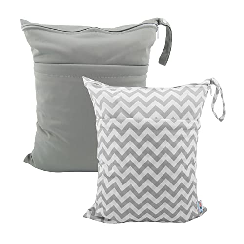 ALVA 2pcs Cloth Diaper Wet Dry Bags Waterproof Reusable with Two Zippered Pockets Travel Beach Pool Daycare Soiled Baby Items Yoga Gym Bag for Swimsuits or Wet Clothes - color: 01 grey