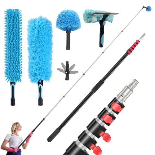 Ceiling Fan Duster Kit with 24 FT Telescoping Pole – 6-Piece Set – Screw-On Cobweb Duster & Squeegee Heads – Washable Bendable – 3/4" Universal Fit – House Cleaning Kit, Blue - size: 24ft+5PC-kit1