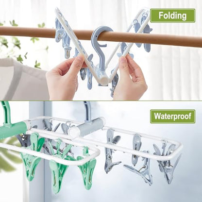 Clothes Drying Hanger with 12 Clips, 2 Pack Folding Portable Hanging Drying Rack,Drip Foldable Hanging Rack, 360° Rotatable Hook for Drying Towels Bras Baby Clothes Gloves Plastic(Blue&Green) - color: Blue and Green