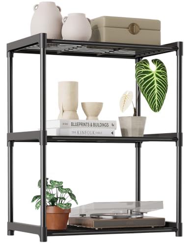 3-Tier Storage Shelves with Plastic Connectors – Metal Shelf Organizer for Pantry, Closet & Bathroom, Space-Saving Sturdy Shelving Unit Rack, Black, 17.3" x 12.8" x 28.9" - color: Black, size: 17.3" x 12.8" x 28.9"(3T)